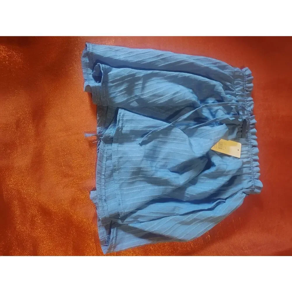 Womens Elastic Waist Shorts M Blue Crinkle Drawstring Summer Pockets Lined